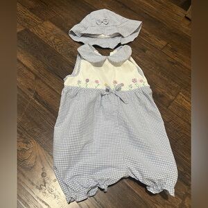 Blue and White Gingham Baby Romper with Hat